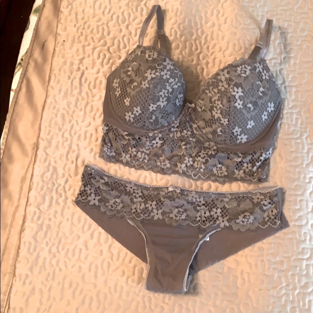 Adore Me 32F Silver Bra & matching xs cheeky panty